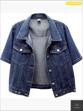 Cropped Denim Jacket Short Sleeve Ripped Distressed Casual Trucker Style